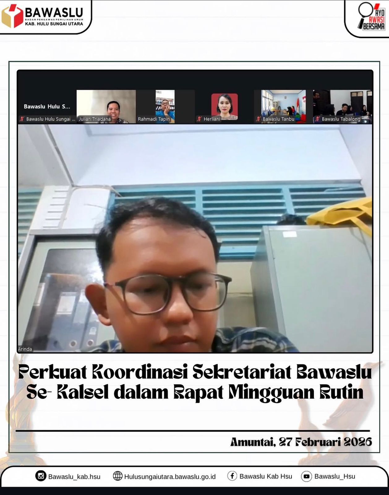 Perkuat Koordinasi, Sekretariat Bawaslu Se Kalsel Gelar Rapat Ruti Mingguan